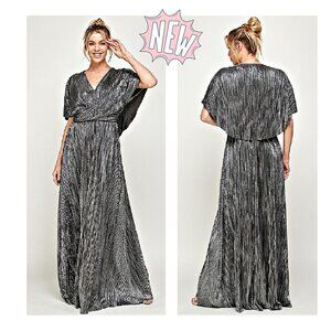 GORGEOUS Silver Crinkle Metallic Threaded Cape Back Maxi Dress S+M+L NEW